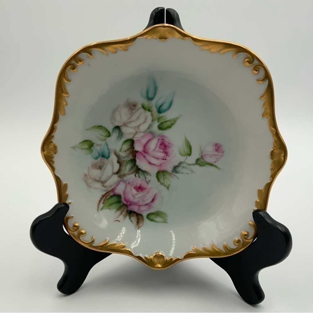 Antique Hand Painted Pink/White Roses Gold Gilt Porcelain Decorative Plate Sgnd